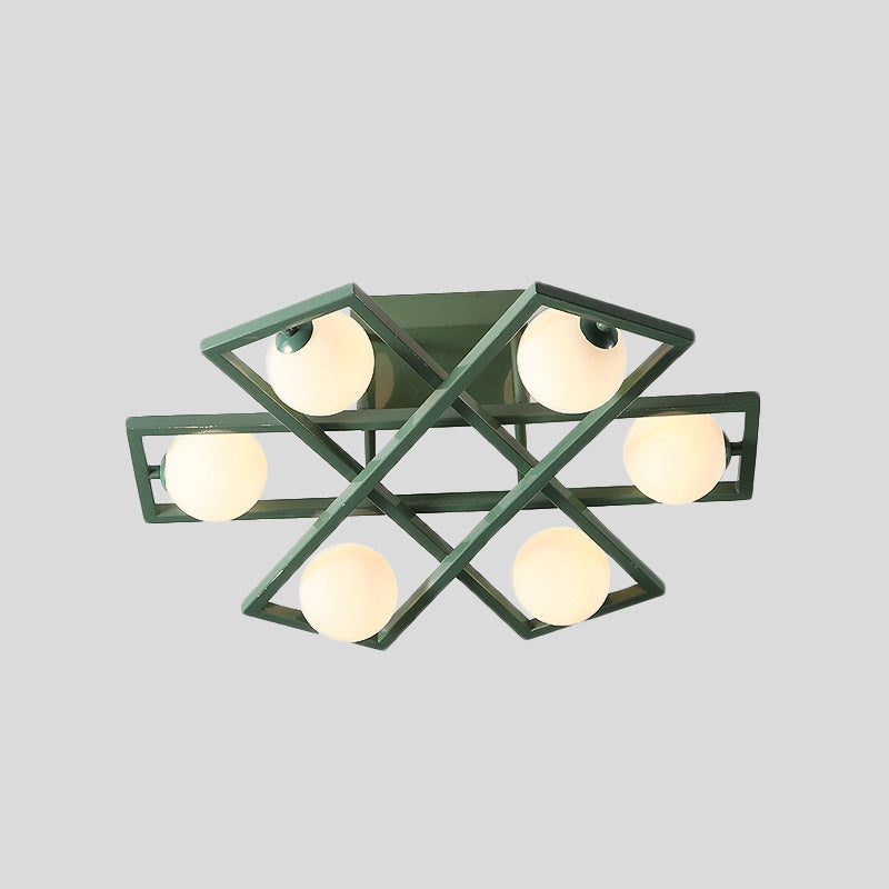 Modern Iron Semi Flush Ceiling Lamp With Globe White Glass Shade - Green 3/4/6 - Head Macaron Design