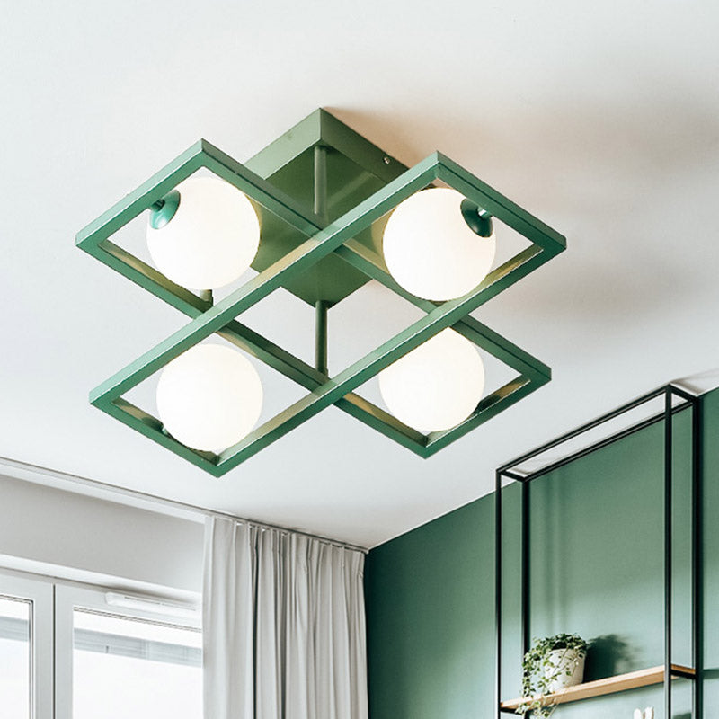 Modern Iron Semi Flush Ceiling Lamp With Globe White Glass Shade - Green 3/4/6 - Head Macaron Design