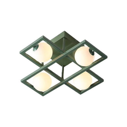 Modern Iron Semi Flush Ceiling Lamp With Globe White Glass Shade - Green 3/4/6 - Head Macaron Design