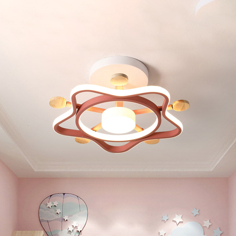 Kids Pink/Blue Wood Pentagram Led Semi Flush Light - Ceiling Lighting For Baby Room In Warm/White
