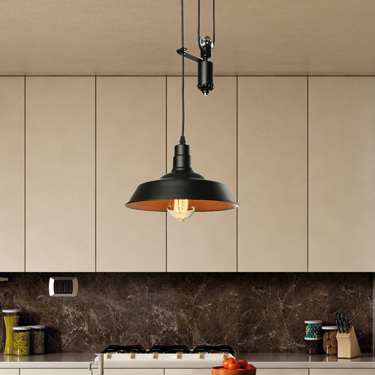 Farmhouse Pulley Pendant Light With Barn Shade - 1 Bulb Metallic Hanging Lamp In Black