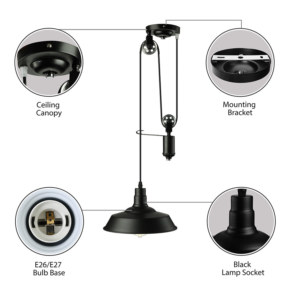 Farmhouse Pulley Pendant Light With Barn Shade - 1 Bulb Metallic Hanging Lamp In Black