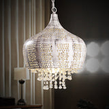 Distressed White Vintage Dome Ceiling Pendant With Crystal Deco Wrought Iron And Pierced Design
