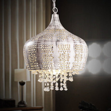 Distressed White Vintage Dome Ceiling Pendant With Crystal Deco Wrought Iron And Pierced Design