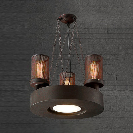 Rustic Farmhouse Cylindrical Chandelier Light With Mesh Shade - 3 Bulb Iron Ceiling Fixture Rust