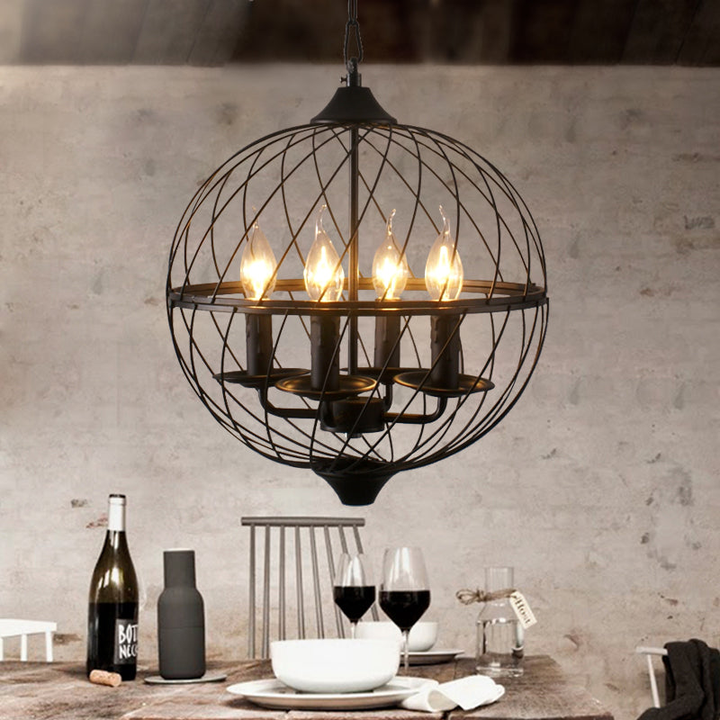 Iron Black Chandelier With Mesh Shade - 4-Bulb Industrial Ceiling Light For Dining Room