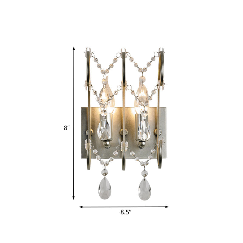 Contemporary Crystal Strand Sconce With 2-Lights And Silver Rod - Wall Mounted For Bedroom