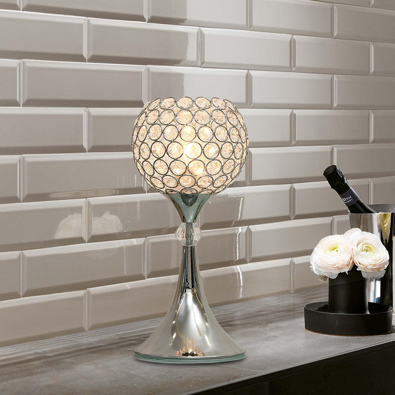 Ylenia - Lampe de table en cristal argenté avec insertion de cristal argenté, forme incurvée, lampe de chevet à 1 tête avec abat-jour demi-globe