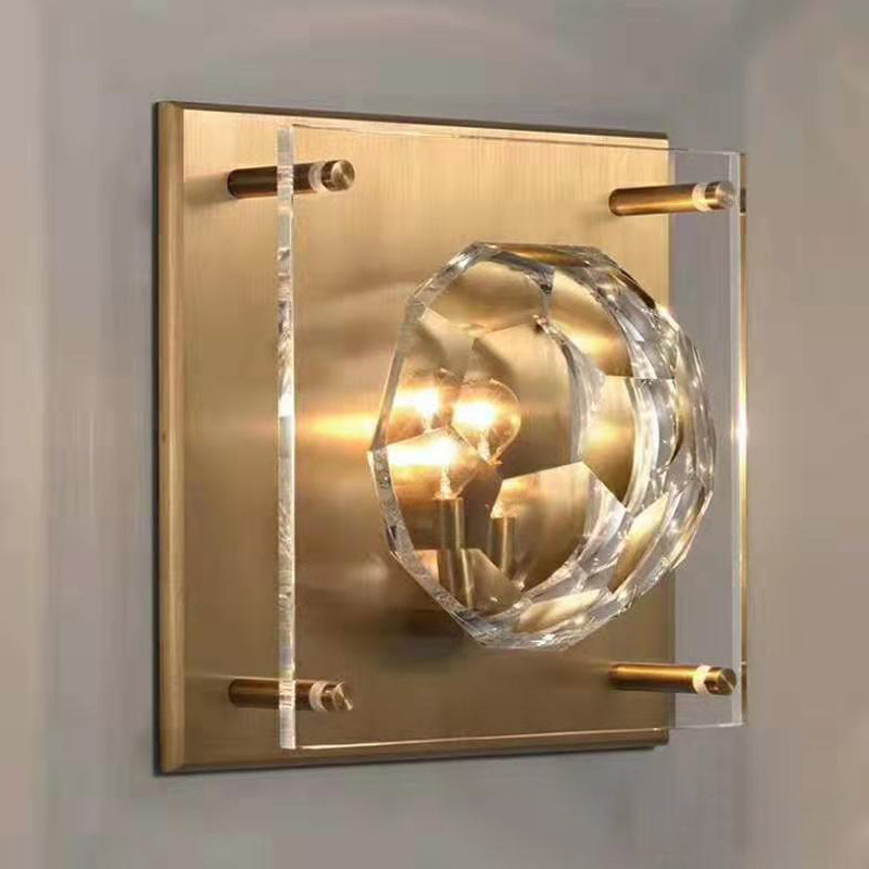 Mid Century Crystal Wall Lamp With Faceted Bowl Shade - 1 Light Parlor Sconce Bronze Square