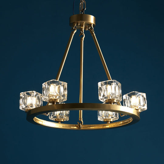 Mid-Century Brass Pendant Light: Ice Cube Crystal Chandelier With 6 Bulbs For Bedroom