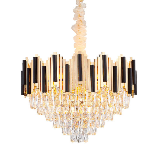 Modern Black-Gold Cone Chandelier With 6 Light Crystal Prisms - Stylish Ceiling Pendant For Living