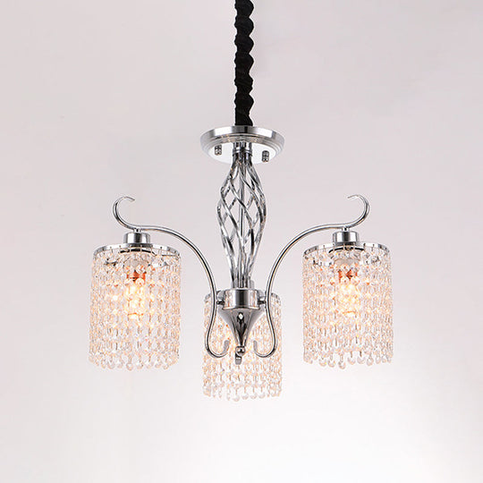 Modern Chrome Cylindrical Chandelier Lamp With Crystal Strand - 3/5-Head Hanging Pendant Light