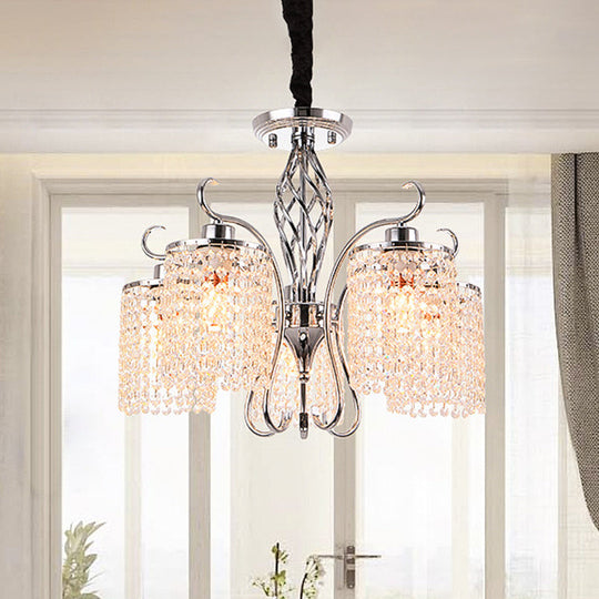 Modern Chrome Cylindrical Chandelier Lamp With Crystal Strand - 3/5-Head Hanging Pendant Light 5 /