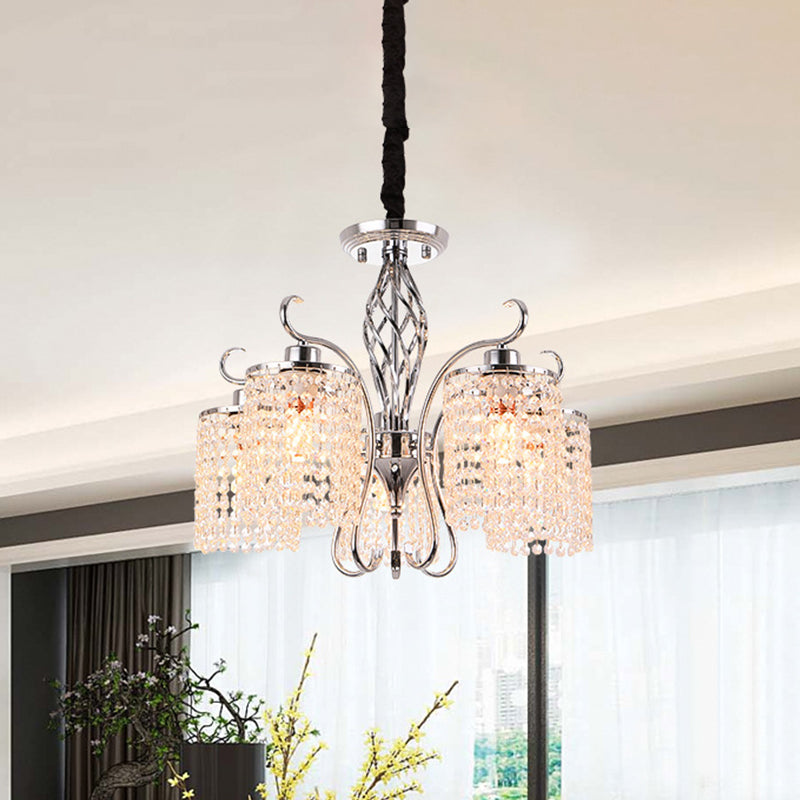 Modern Chrome Cylindrical Chandelier Lamp With Crystal Strand - 3/5-Head Hanging Pendant Light