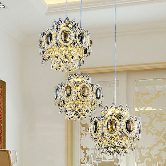 Chrome Floral Pendant Lamp With 3 Crystal Bulbs And Multiple Layers