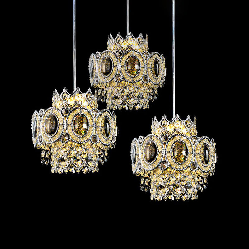 Modern Floral Layered Crystal Pendant Lamp With 3 Bulbs In Chrome Finish