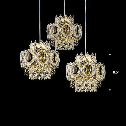 Chrome Floral Pendant Lamp With 3 Crystal Bulbs And Multiple Layers