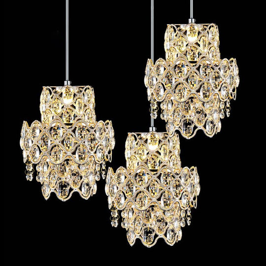 Modern Crystal Hanging Light Fixture With Clear Beveled - 3 Heads 2 Layers