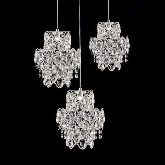Modern Clear Beveled Crystal Hanging Light Fixture - 3 Heads 2-Layer Pendant Design