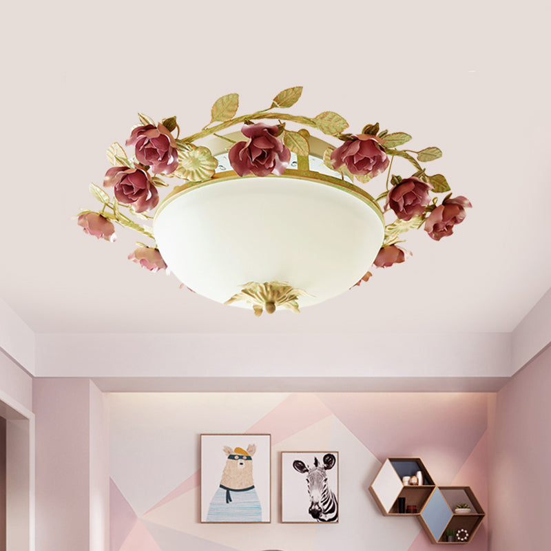American Flower Bowl Ceiling Flush 3 - Light Opal Frosted Glass Flushmount Lighting - Pink/Green