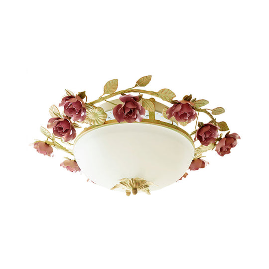 American Flower Bowl Ceiling Flush 3 - Light Opal Frosted Glass Flushmount Lighting - Pink/Green