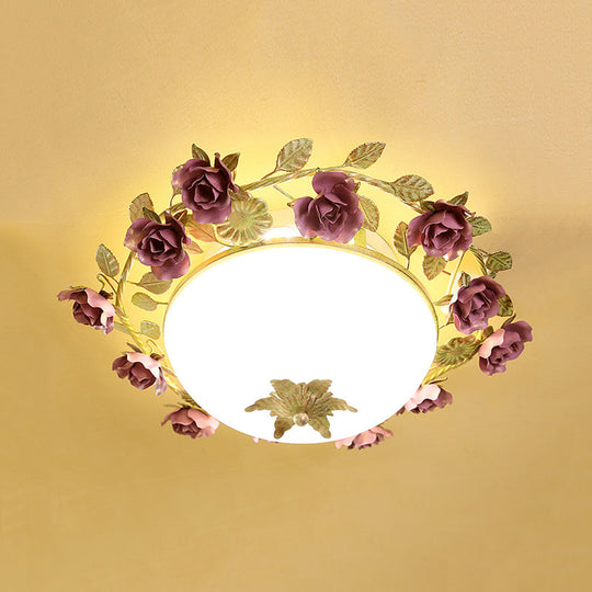 American Flower Bowl Ceiling Flush 3 - Light Opal Frosted Glass Flushmount Lighting - Pink/Green