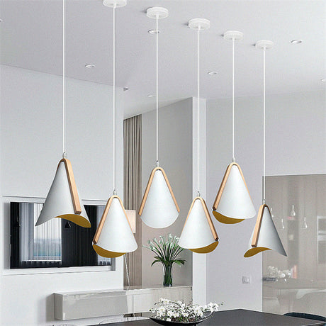 Modern White-Wood Conic Pendant Light For Dining Table With Metal Suspension - 1 Bulb