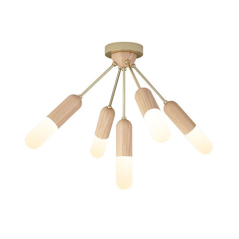 Modern Wood Capsule Semi Mount Ceiling Lamp For Bedroom - Beige 3/5 - Light