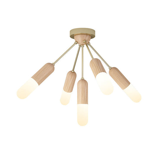 Modern Wood Capsule Semi Mount Ceiling Lamp For Bedroom - Beige 3/5 - Light