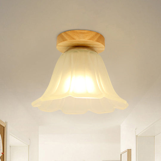 Modern Wood Flush Mount With White Glass Shade - 1-Head Corridor Lamp