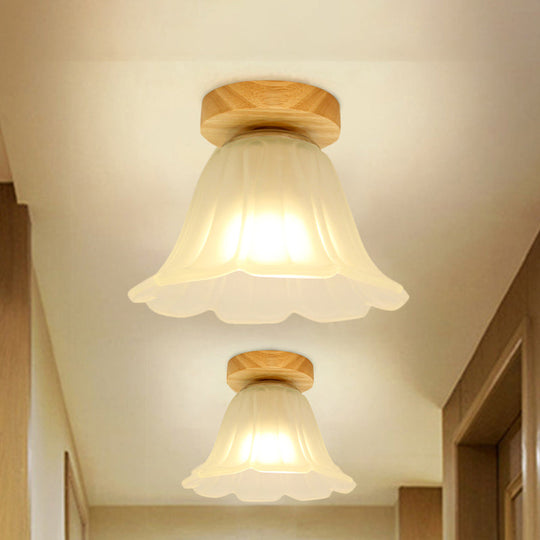 Modern Wood Flush Mount With White Glass Shade - 1 - Head Corridor Lamp