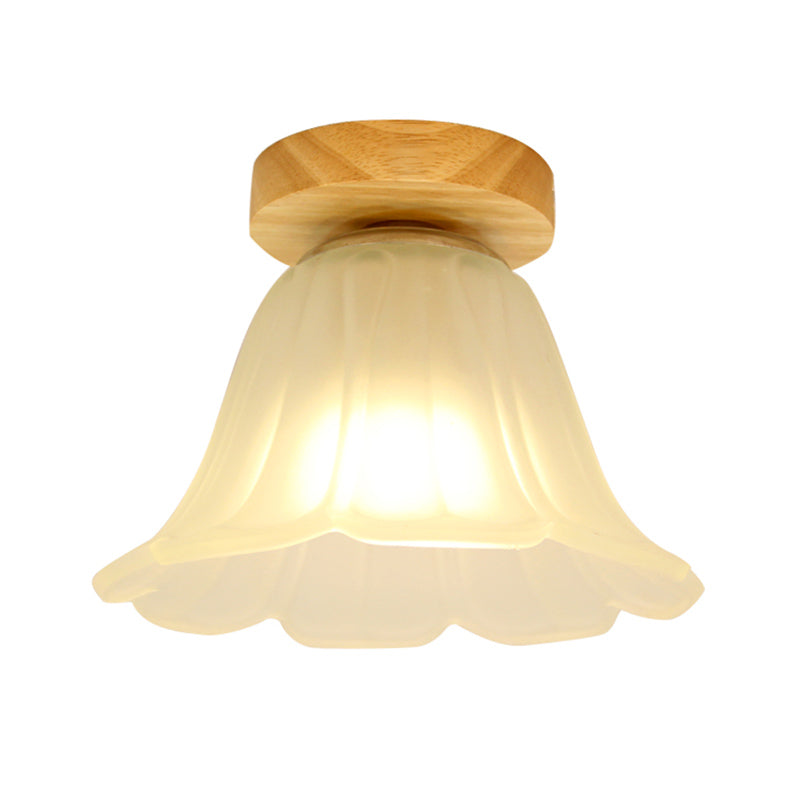 Modern Wood Flush Mount With White Glass Shade - 1-Head Corridor Lamp