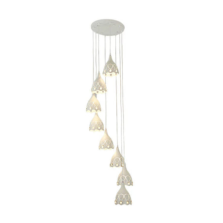 Contemporary Spiral Ceiling Light With 8 White Iron Lights And Carved Design For Stairs