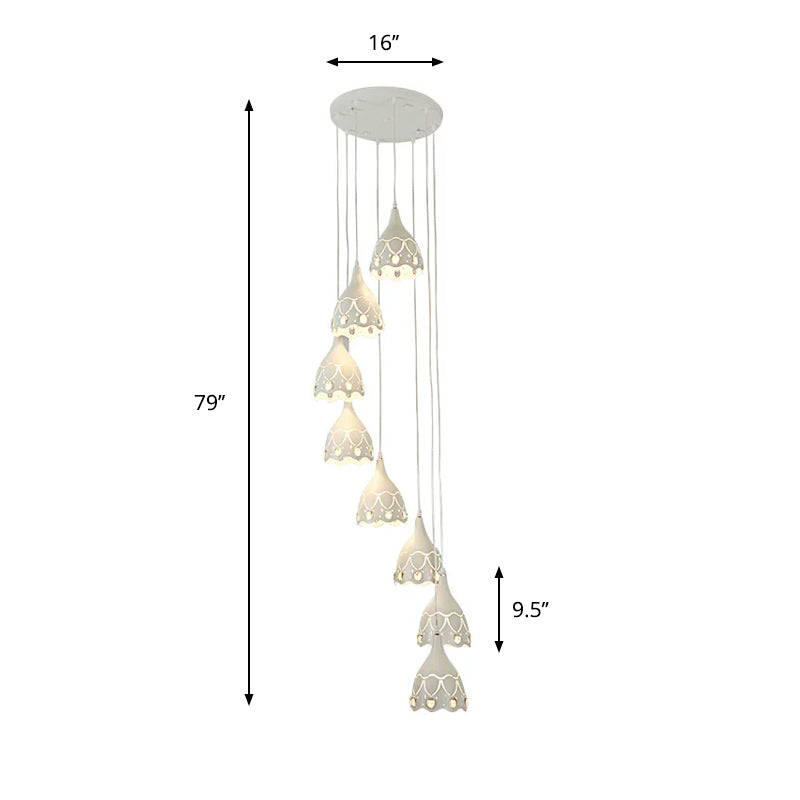 Contemporary Spiral Ceiling Light With 8 White Iron Lights And Carved Design For Stairs