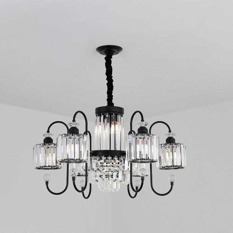 Modern Crystal Black Chandelier - 5/8 Cylindrical Heads Suspension Light With Gooseneck Arm