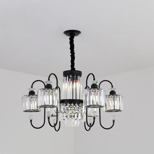 Modern Crystal Black Chandelier - 5/8 Cylindrical Heads Suspension Light With Gooseneck Arm