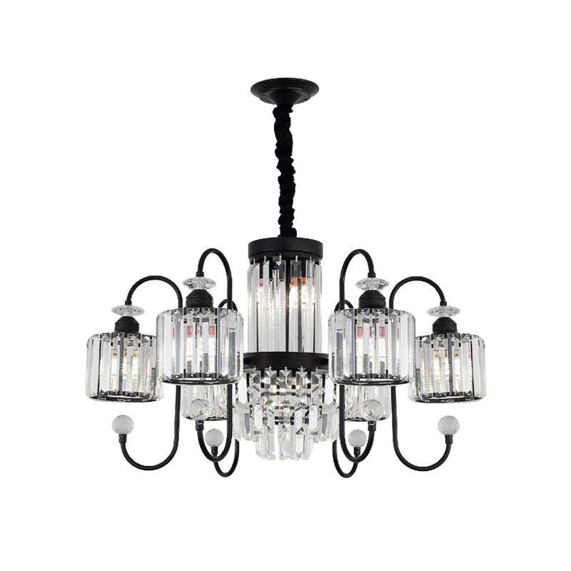 Modern Crystal Black Chandelier - 5/8 Cylindrical Heads Suspension Light With Gooseneck Arm