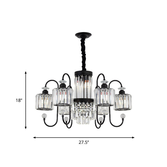 Modern Crystal Black Chandelier - 5/8 Cylindrical Heads Suspension Light With Gooseneck Arm