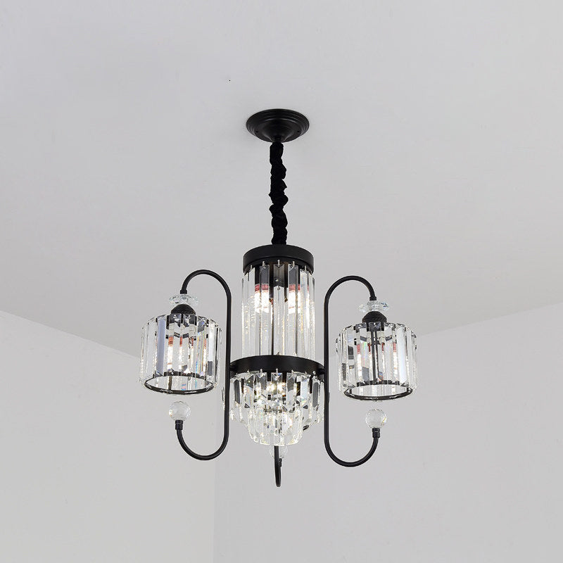 Modern Crystal Black Chandelier - 5/8 Cylindrical Heads Suspension Light With Gooseneck Arm