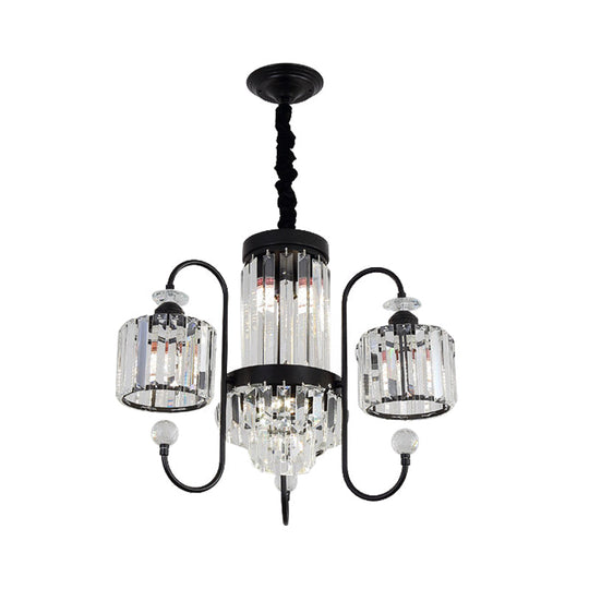 Modern Crystal Black Chandelier - 5/8 Cylindrical Heads Suspension Light With Gooseneck Arm