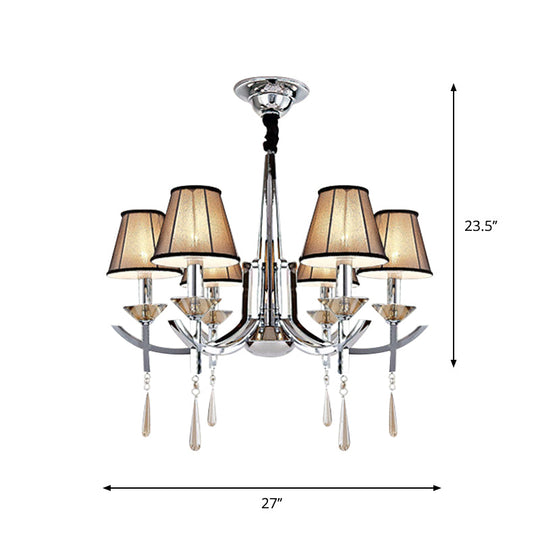 Modern Chrome Tapered Pendant Chandelier With 6 Lights Fabric Shade Crystal Drops - Bedroom Ceiling