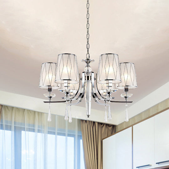 Contemporary Chrome Chandelier: Cone Pendant Light With Crystal Draping - 6 Lights