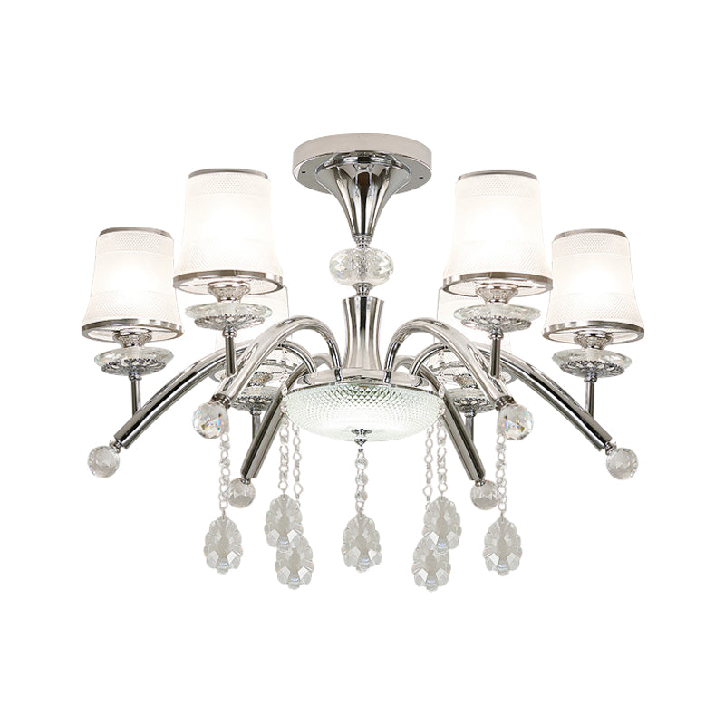 Contemporary Bell Semi Flush Mount Light With Crystal Drop - 6 - Bulb Chrome In Frosted Glass