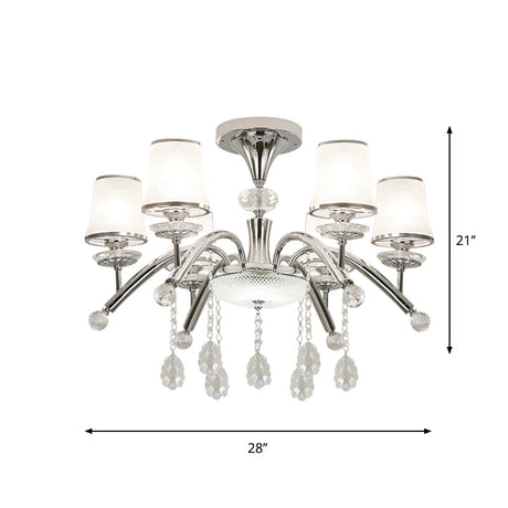 Contemporary Bell Semi Flush Mount Light With Crystal Drop - 6-Bulb Chrome In Frosted Glass