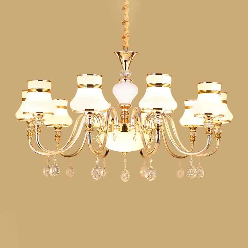 Modern Gold Frosted Glass Pendant Lamp With Crystal Draping - 10-Light Flared Ceiling Chandelier