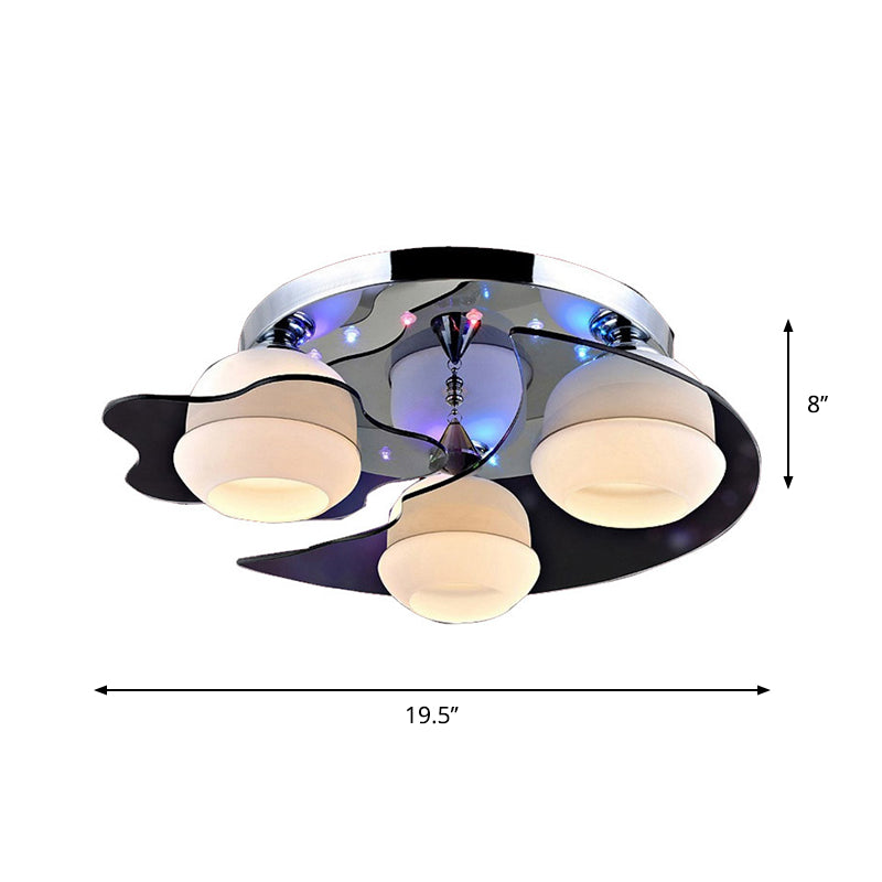 Minimalist Crystal Flush Mount Light With Moon And Star Design 3 Heads White Glass Shade