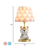 Kids Conical Triangle-Print Fabric Table Light - Single Bulb Pink/Blue Night Stand Lamp With Tiger