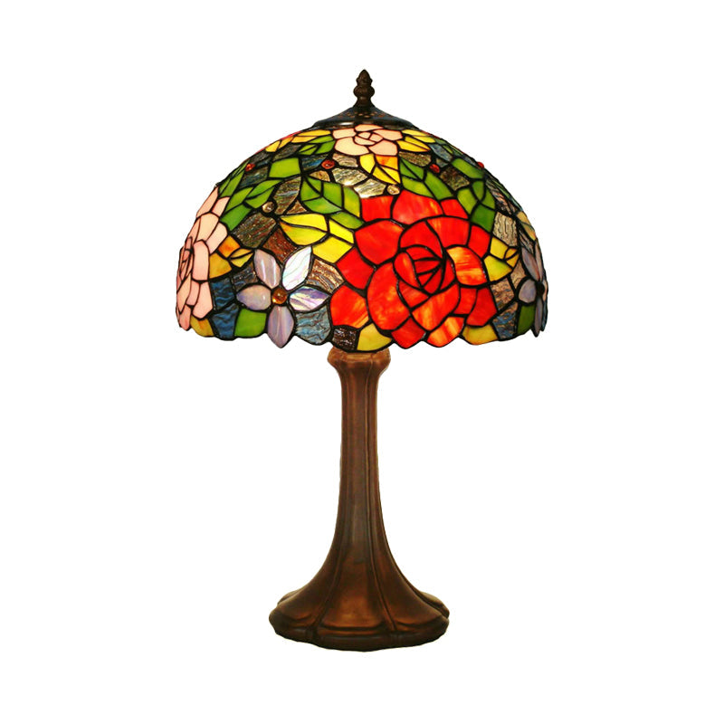Aria - Victorian Hand-Cut Stained Glass Rose Table Light 1 Head Bronze Night Stand Lamp