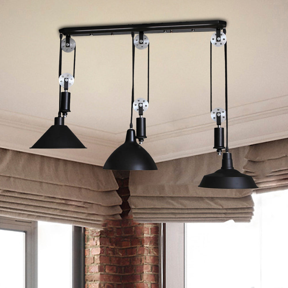 Industrial 3-Light Pendant With Adjustable Shades And Pulley Design In Black