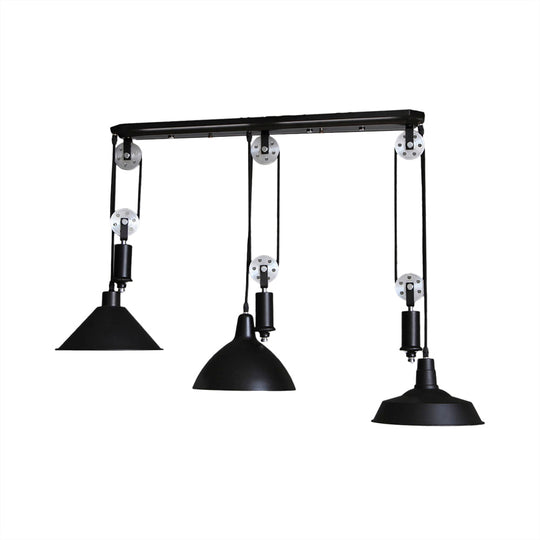 Industrial 3-Light Pendant With Adjustable Shades And Pulley Design In Black